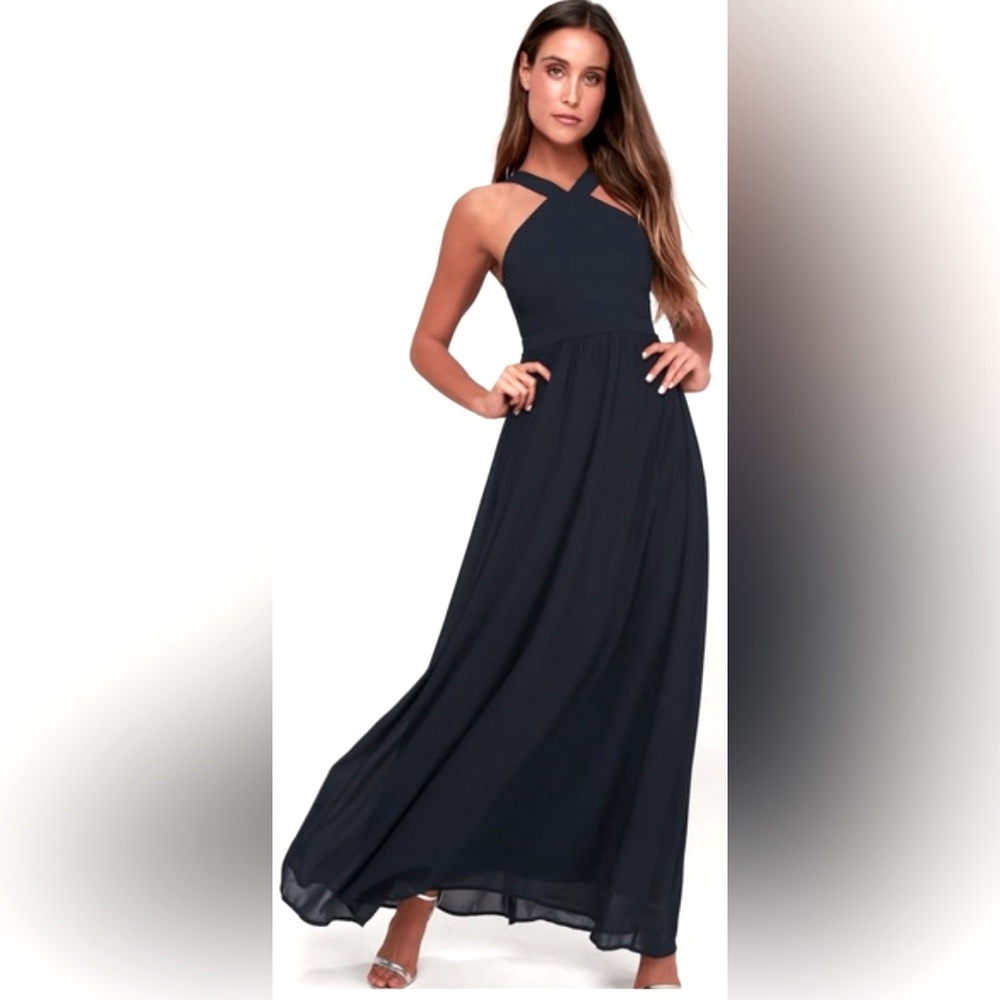 Lulu's "Air of Romance" Navy Halter Maxi Dress Size Small